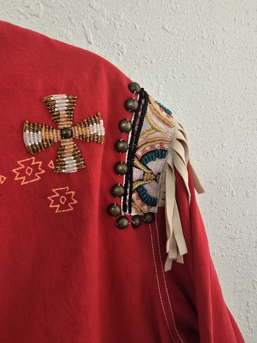 Double D Ranch Red Beaded Fringe Western Pictograph Zip Jacket Size 1X - Picture 8 of 15